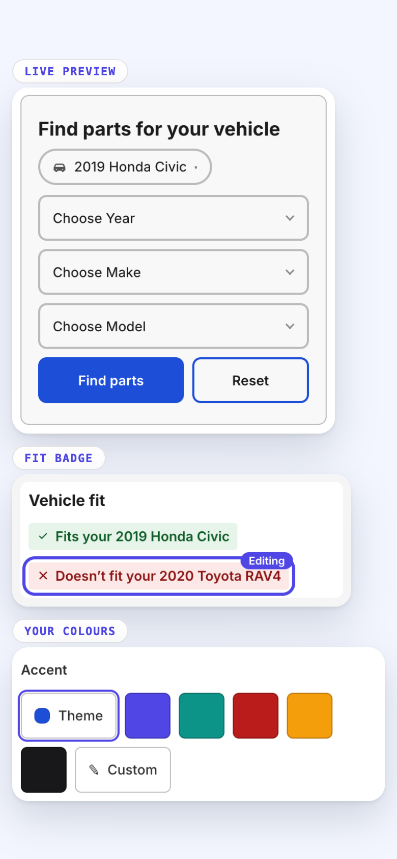 The Storefront page on a phone: the live preview of the vehicle picker, the fit badge, and the accent colour choices.